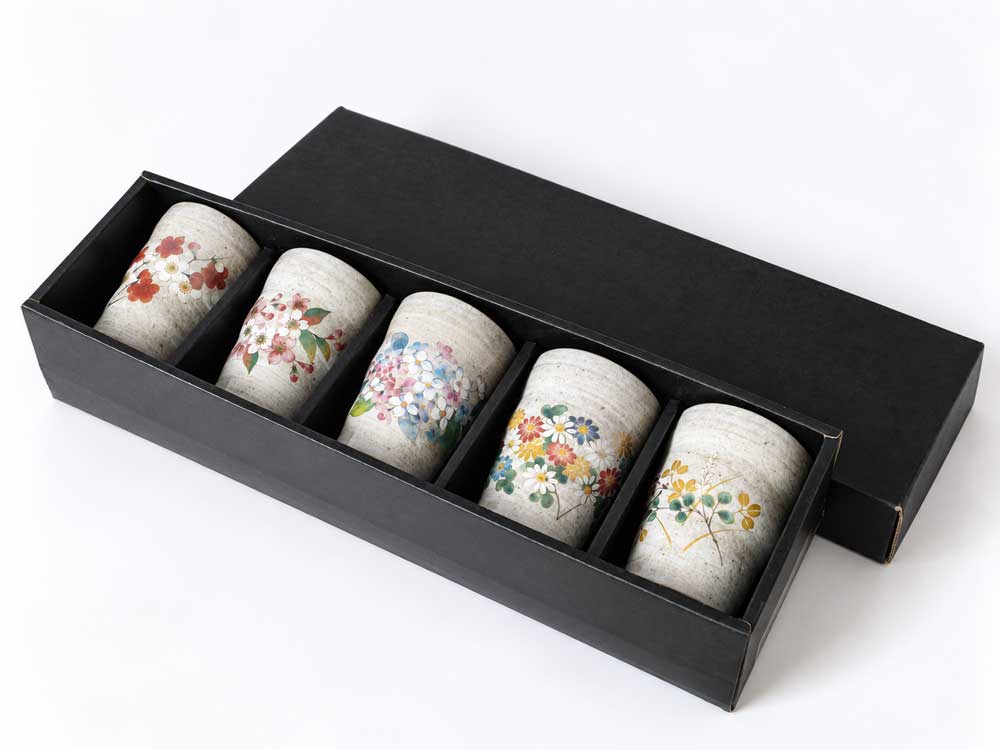 Japanese Seasonal Flowers Tea Cup Set – 5 Ceramic Cups | Made in Japan Japanese seasonal flower ceramic tea cup set with five floral cups, made in Japan
