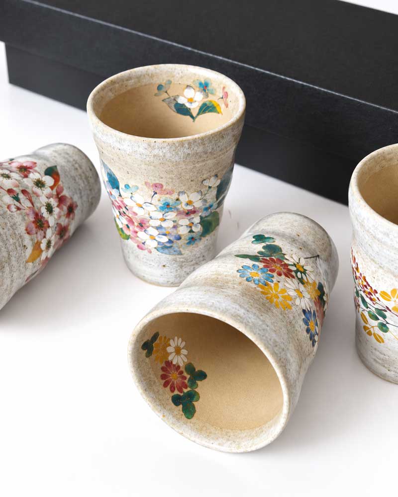 shiki-cups Japanese seasonal flower ceramic tea cup set with five floral cups, made in Japan