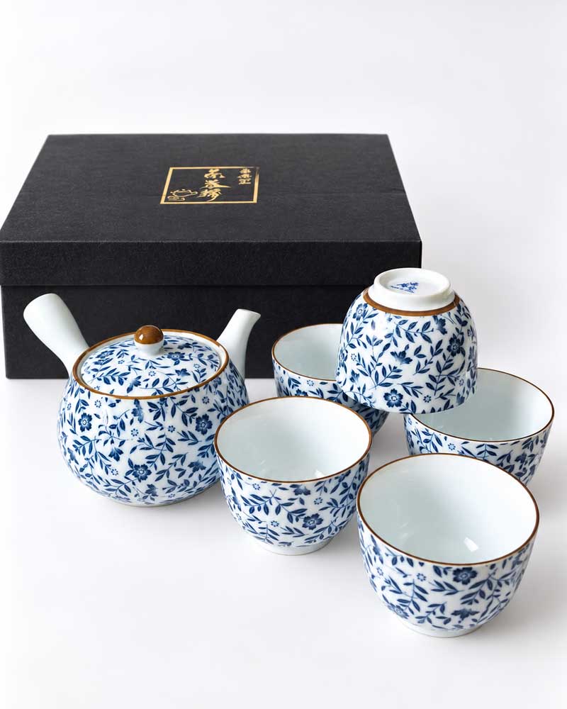 Arita Ware Nohana Japanese tea set with blue floral porcelain kyusu teapot and five matching teacups, made in Japan, Order on j-okini.com in Malta