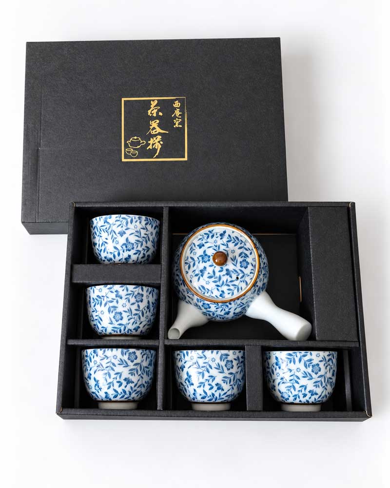 teaset1 Arita Ware Nohana Japanese tea set with blue floral porcelain kyusu teapot and five matching teacups, made in Japan. Buy it on j-okini.com in Malta