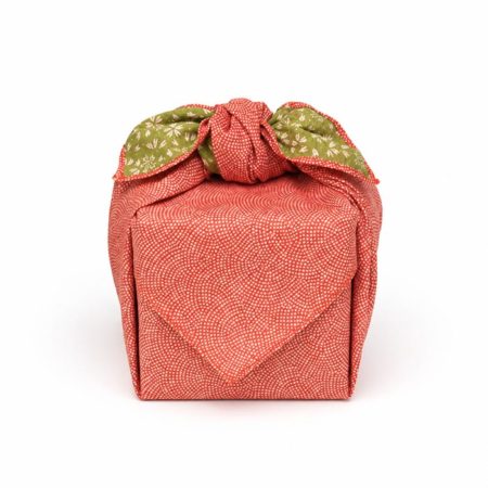 Reversible Cotton Furoshiki 50cm | Wave & Sakura – Vermilion / Green
